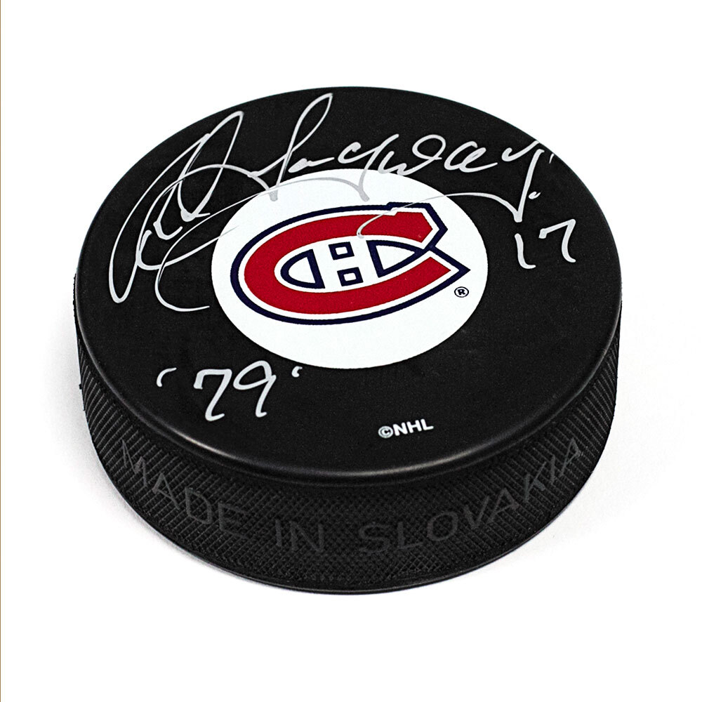 Rod Langway Montreal Canadiens Autographed Hockey Puck with 79 Inscription