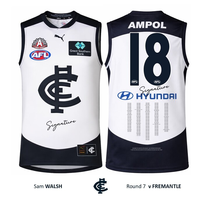 Photo of Sam Walsh #18 Carlton 2026 ANZAC Day Match Guernsey