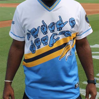 MYRTLE BEACH PELICANS DEAF AWARENESS #16 GAME WORN JERSEY