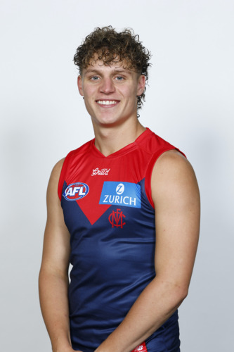 Photo of 2025 Melbourne Demons Retro Gather Round Blue Guernsey - Koltyn Tholstrup #12