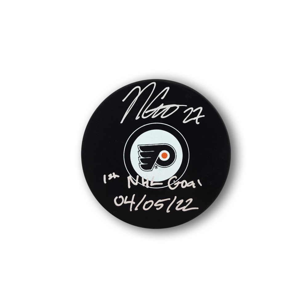 Noah Cates Autographed Philadelphia Flyers Hockey Puck Inscribed 1st NHL Goal