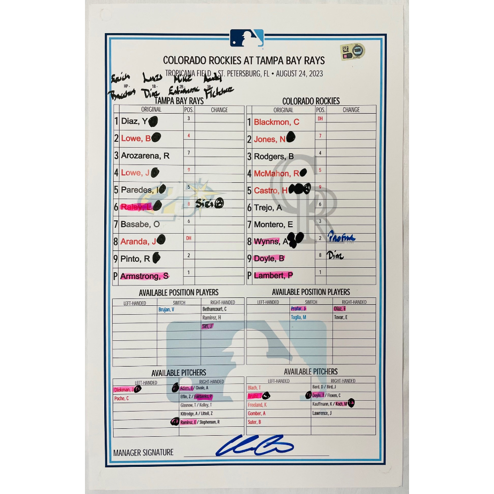 Game Used 25th Anniversary Lineup Card Tampa Bay Rays v Colorado