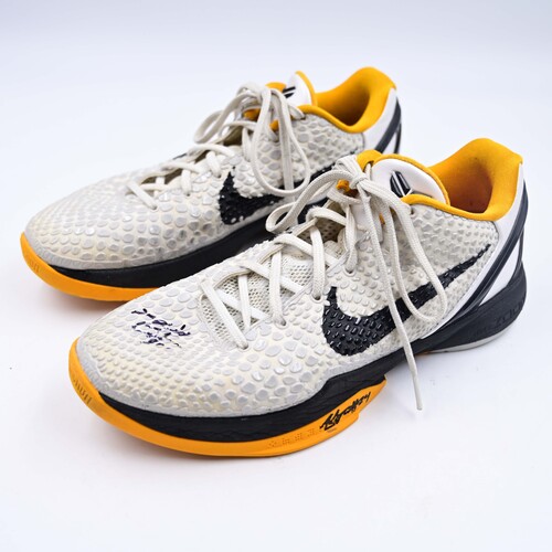 Image of Ogunbowale, Arike - Dallas Wings - Autographed Nike Zoom Kobe 6 (White and Del Sol) Shoes - 2025 WNBA Season