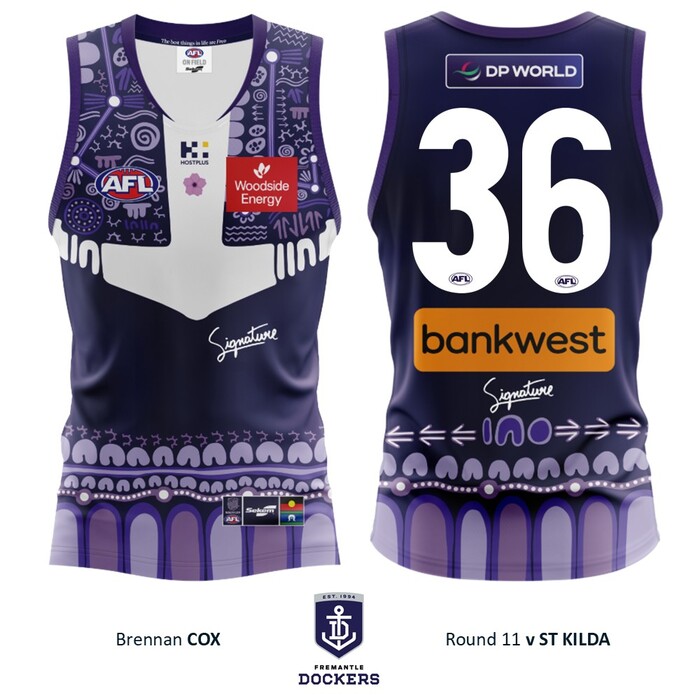 Photo of Brennan Cox #36 Walyalup 2026 Indigenous Home Match-Worn Guernsey