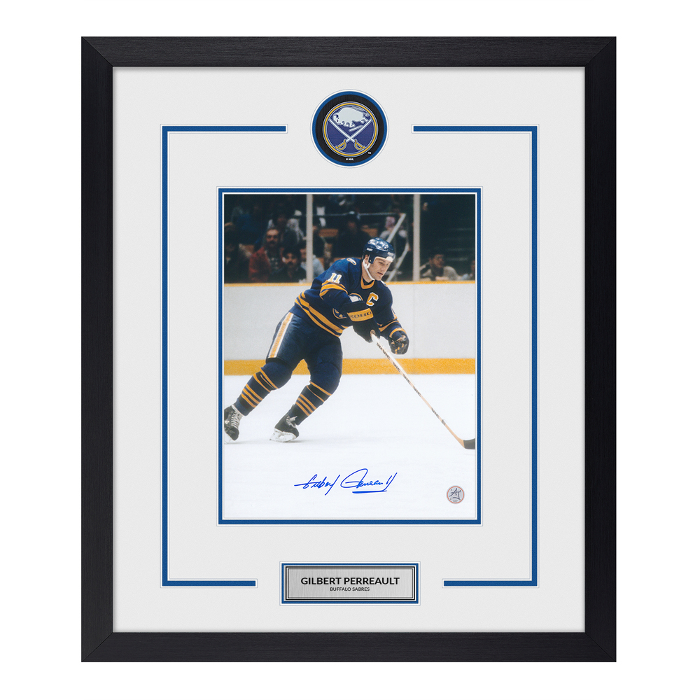 Gilbert Perreault Autographed Buffalo Sabres Puck Logo 23x27 Frame