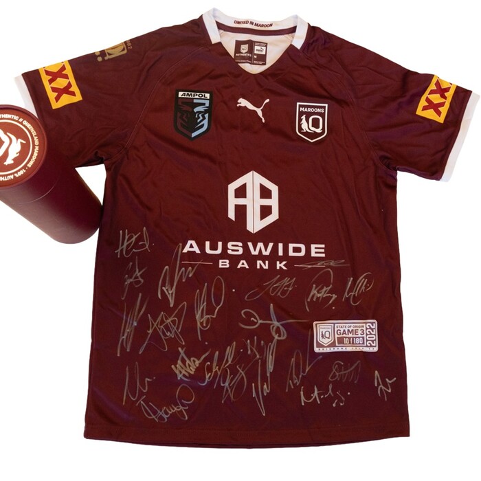 Photo of 2022 QLD Maroons Team Signed Jersey with Branded Tin