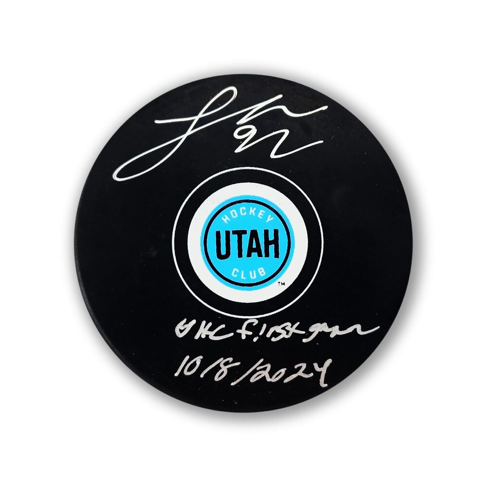 Logan Cooley Autographed Utah Hockey Club Hockey Puck Inscribed 1st Game