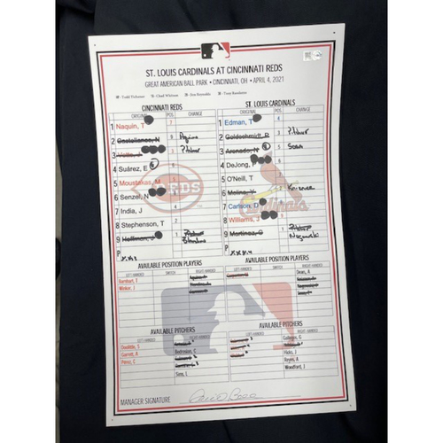 Game-Used Dugout Lineup Card -- Cardinals vs. Reds on 4/4/21 -- $5 Shipping