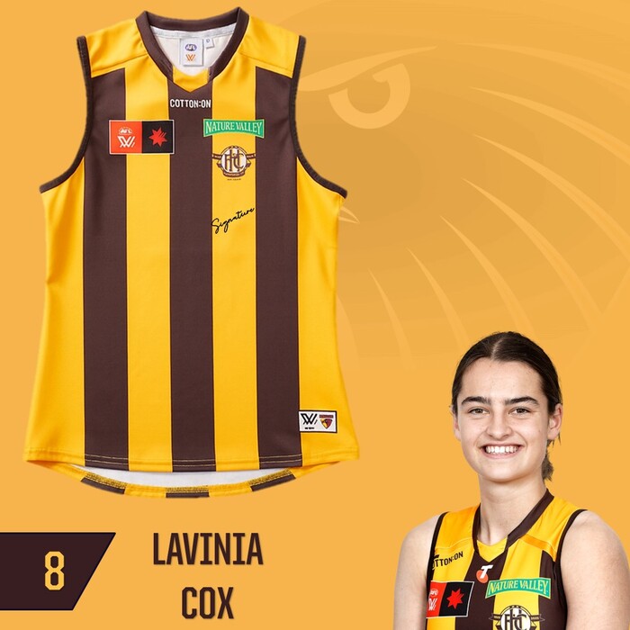 Photo of Lavinia Cox #8 Hawthorn 2025 Semi-Final Player-Issue Guernsey