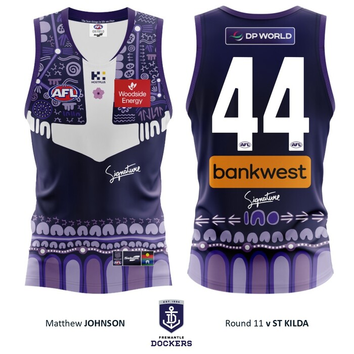 Photo of Matthew Johnson #44 Walyalup 2026 Indigenous Home Match-Worn Guernsey