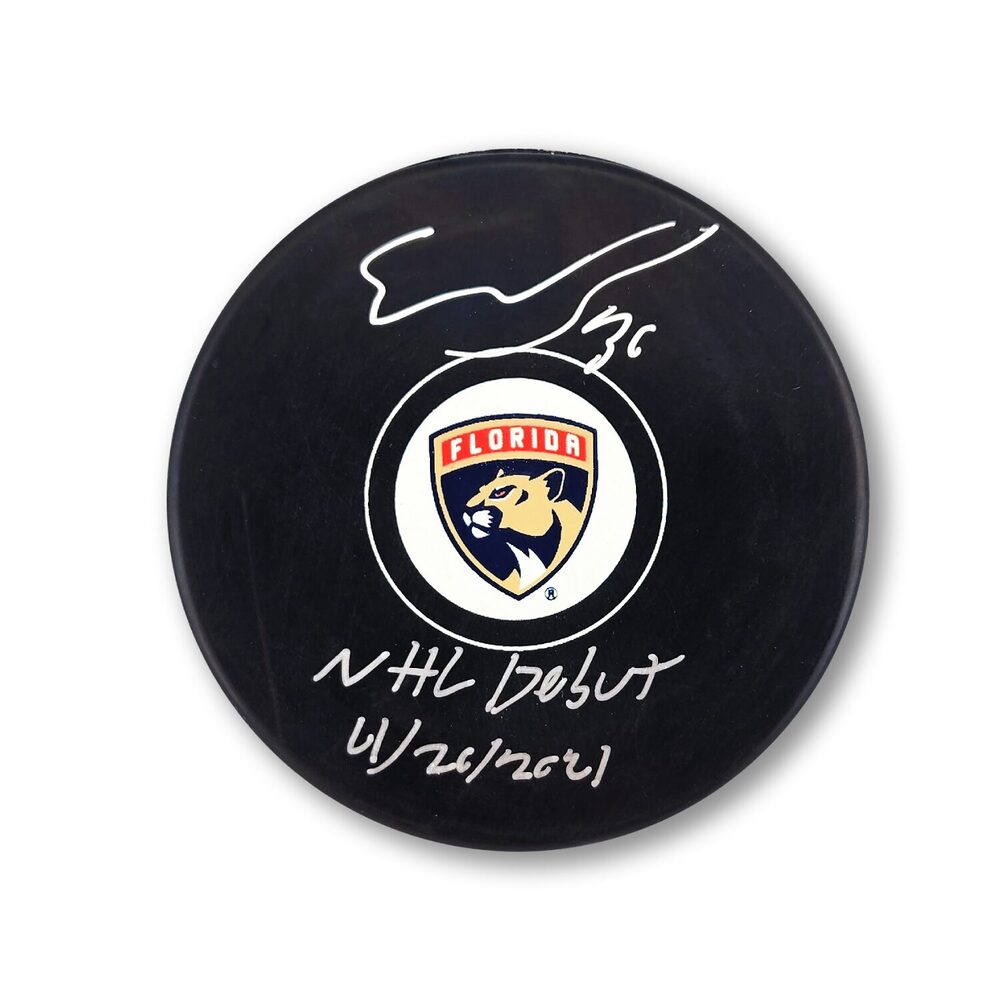 Spencer Knight Autographed Florida Panthers Hockey Puck Inscribed NHL Debut
