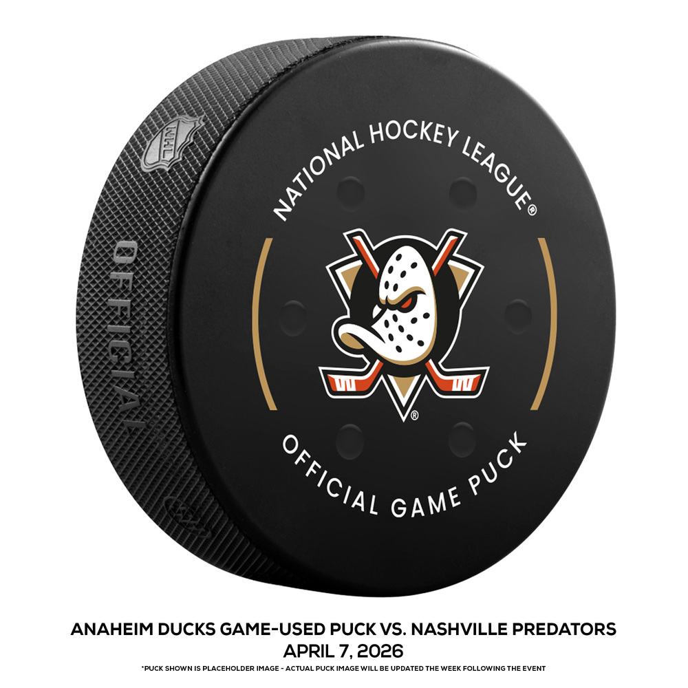 Anaheim Ducks Game-Used Puck vs. Nashville Predators on April 7, 2026 - Justus Annunen (NAS) 43 Saves in 1st Shutout of Season, 3rd in Annunen's NHL Career