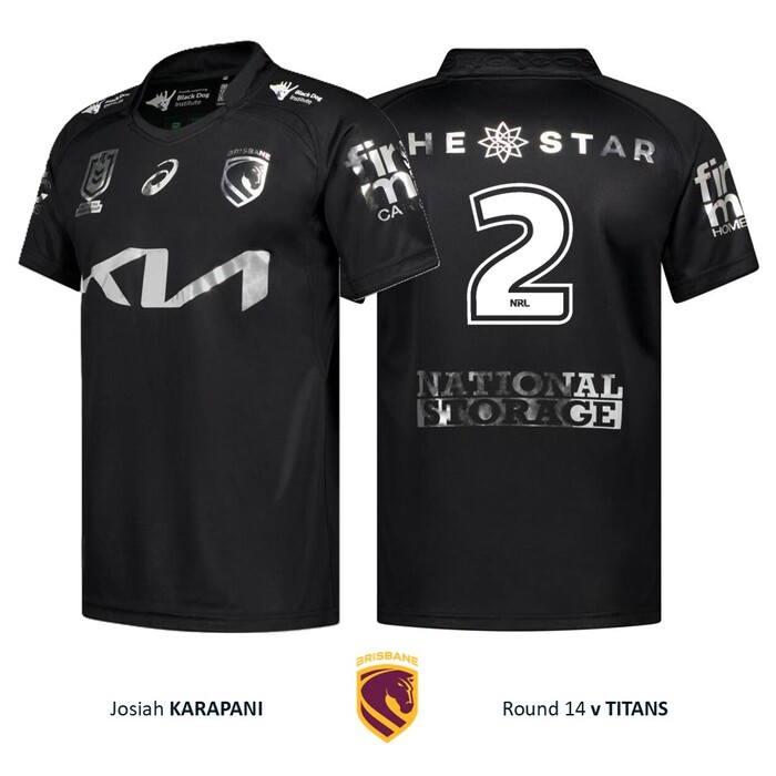 Photo of Josiah Karapani #2 Brisbane Broncos 2026 Black Jersey Player-Issued 