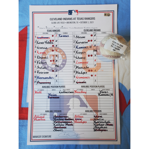 Game-Used Line-Up Card and Home Run Baseball - Cle@Tex - 10/03/2021 - Yu Chang HR Baseball, Top 5