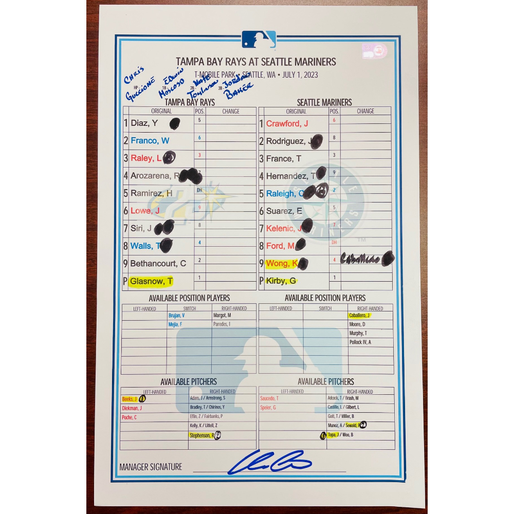 Game Used 25th Anniversary Lineup Card Tampa Bay Rays v Seattle