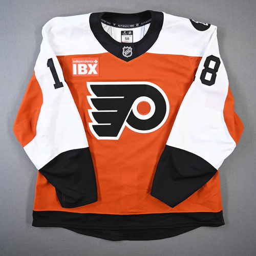 Image of Abols, Rodrigo<br>Orange Set 3 / Playoffs w/ Bernie Parent Memorial Patch - Game-Issued (GI)<br>Philadelphia Flyers<br>2025-26<br>#18