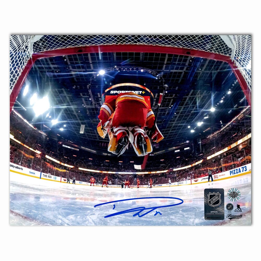Dustin Wolf Autographed Calgary Flames Jumping In Net Home 8x10 Photo