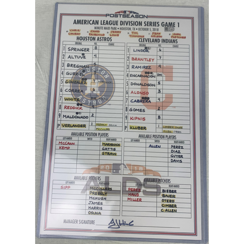 2018 ALDS Game 1 Game-Used Line Up Card: Justin Verlander vs Corey Kluber