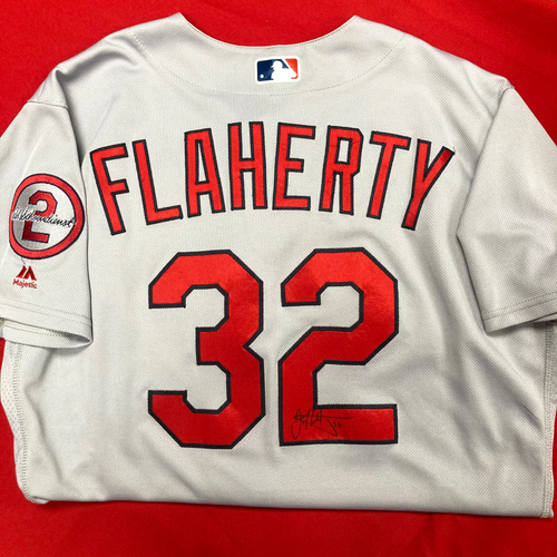 Jack Flaherty Autographed Game Used Road Jersey w/ Red Patch (STL @ NYM, 3/29/18) (Size 46)