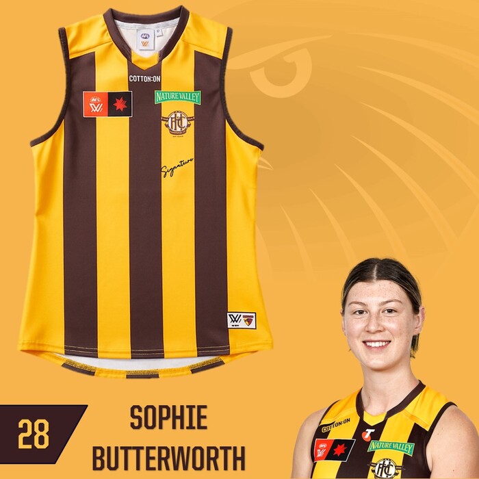 Photo of Sophie Butterworth #28 Hawthorn 2025 Semi-Final Match-Worn Guernsey