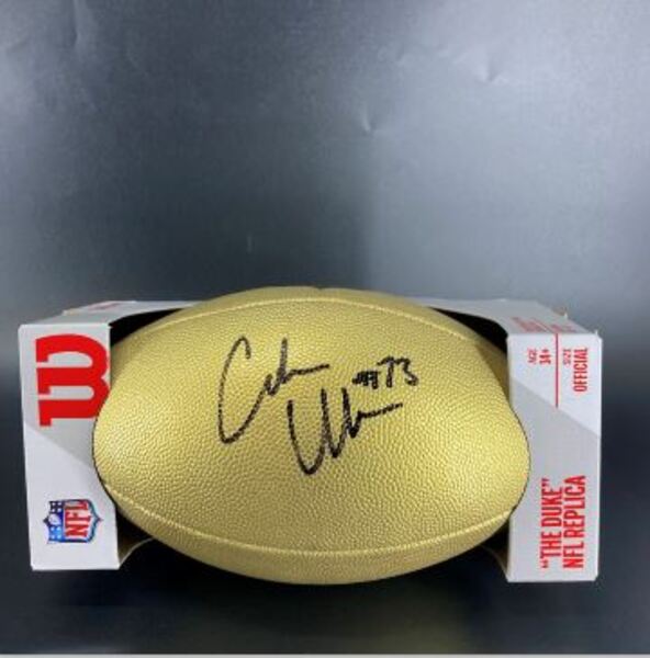 NFL - Patriots Caedan Wallace Signed Gold Composite Football