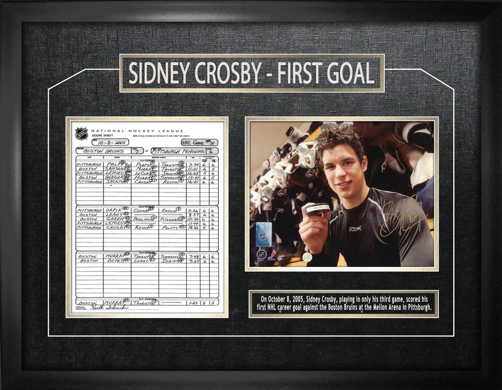 Crosby,S Signed 8x10 Etched Mat Penguins First Goal with Scoresheet
