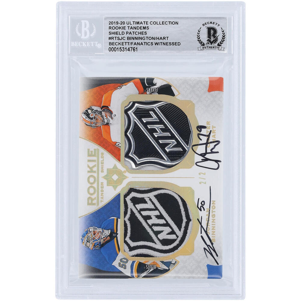 Jordan Binnington St. Louis Blues and Carter Hart Philadelphia Flyers Autographed 2019-20 Upper Deck Ultimate Collection Dual NHL Shield #RTS-JC #2/2 Beckett Fanatics Witnessed Authenticated Rookie Card - NHL Auctions Exclusive
