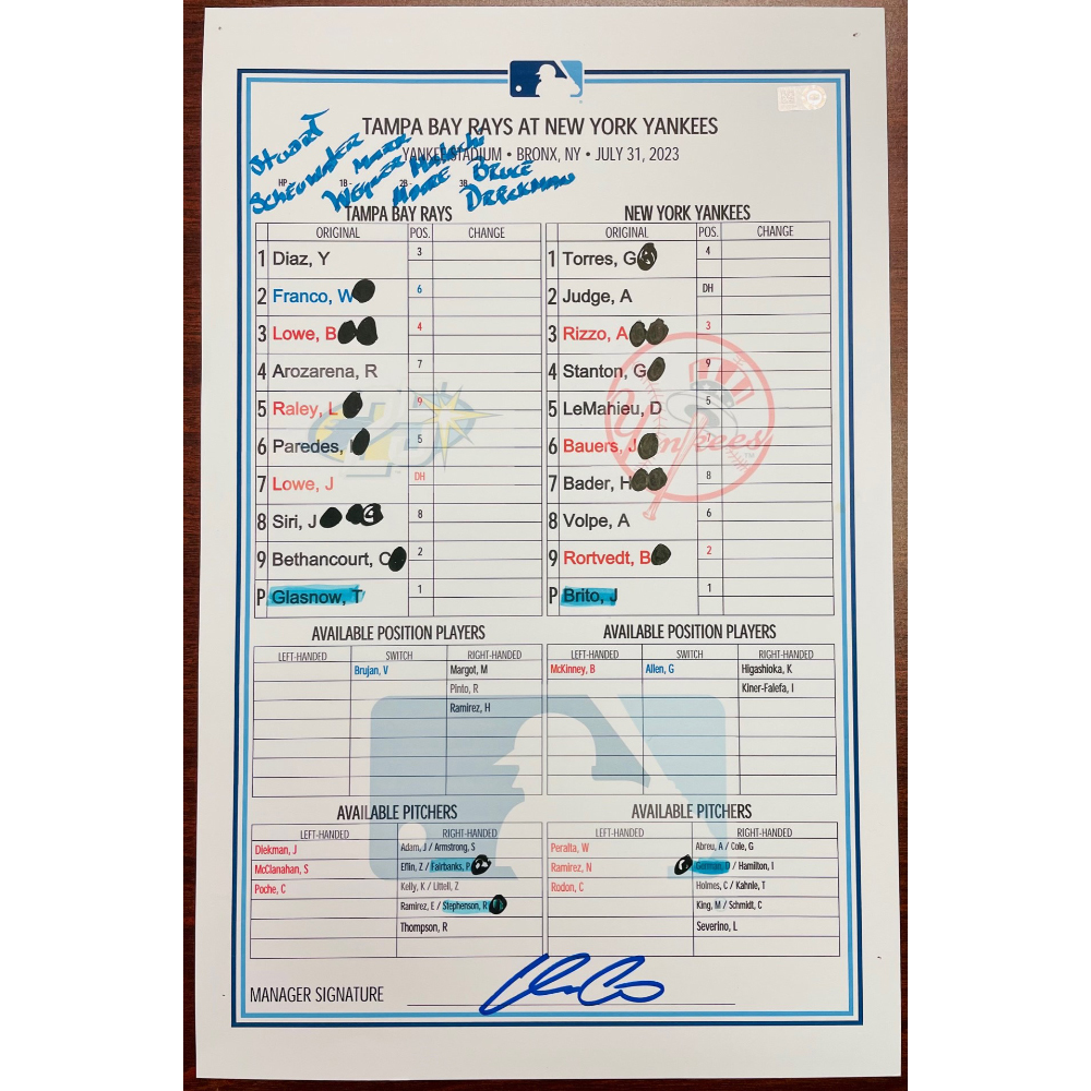 Game Used 25th Anniversary Lineup Card Tampa Bay Rays at New York