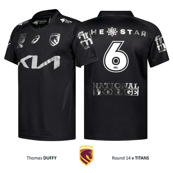 Photo of Thomas Duffy #6 Brisbane Broncos 2026 Black Jersey Player-Issued 