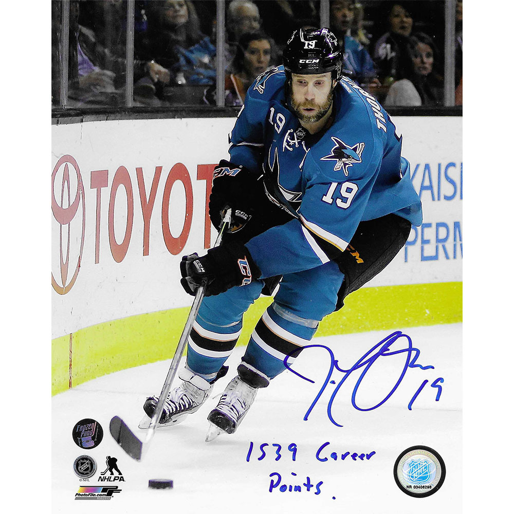 Joe Thornton Autographed San Jose Sharks 8X10 Photo w/1539 CAREER POINTS Inscription