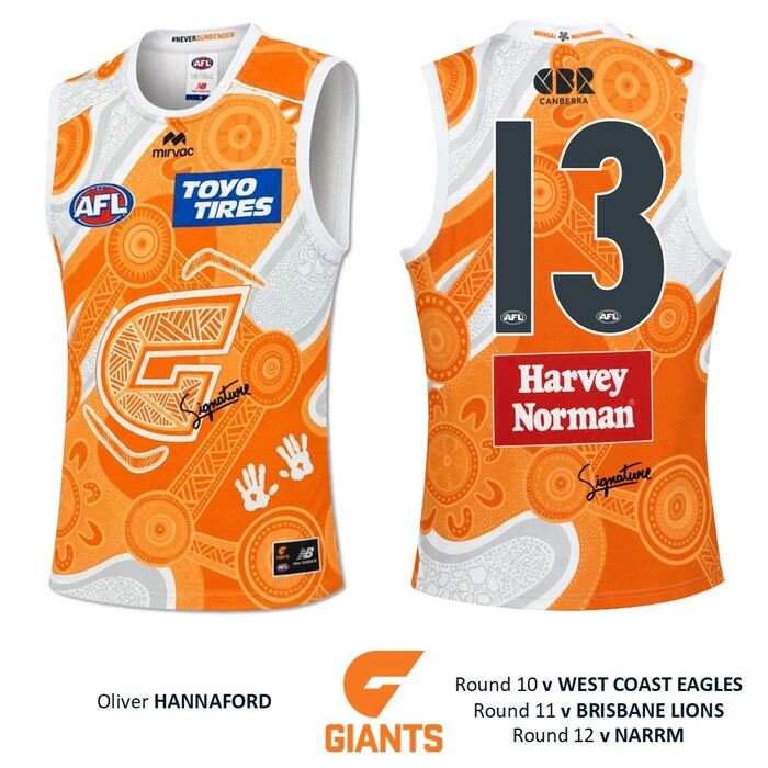 Photo of Oliver Hannaford #13 GWS GIANTS "Mirrung" Indigenous Jumper