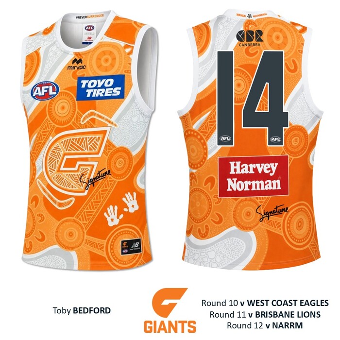 Photo of Toby Bedford #14 GWS GIANTS "Mirrung" Indigenous Jumper