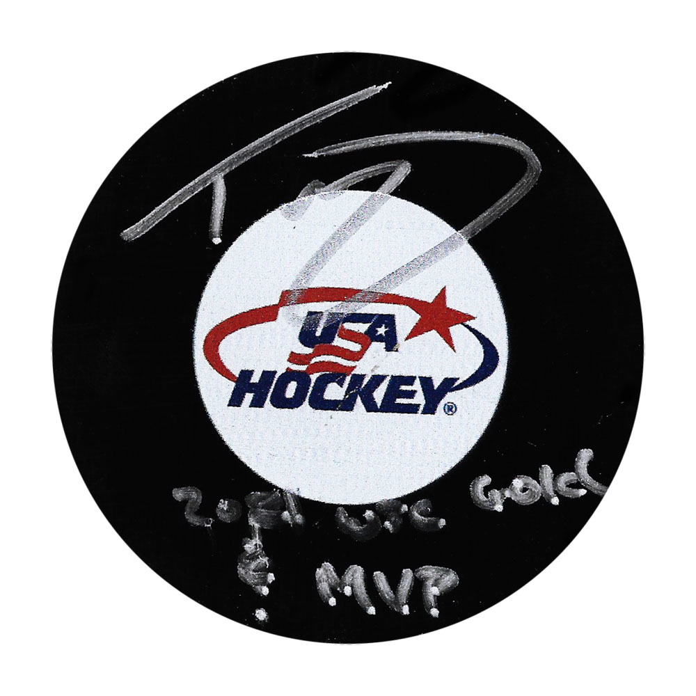 Trevor Zegras Autographed USA Hockey Puck w/2021 WJC GOLD & MVP Inscription