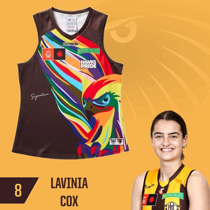 Photo of Lavinia Cox #8 Hawthorn 2025 Pride Player-Issue Guernsey