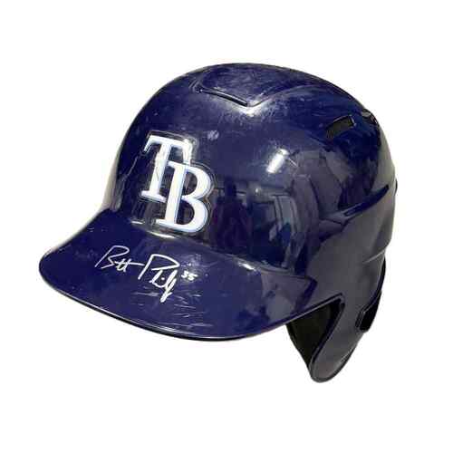 Photo of Game Used Autographed TB Dual-Flap Batting Helmet: Brett Phillips - GS, 3 HR, 4 R, 6 H, 11 RBI - Inside-the-Park HR, Walk-Off HR & Hit Games - 6 Games - 2021