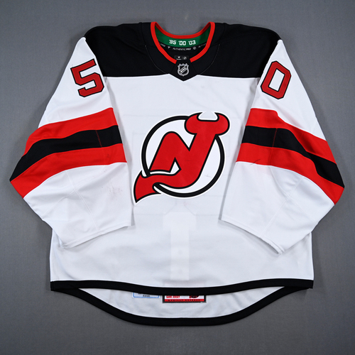 Image of Daws, Nico<br>White Set 2 - 1st NHL Shutout<br>New Jersey Devils<br>2024-25<br>#50