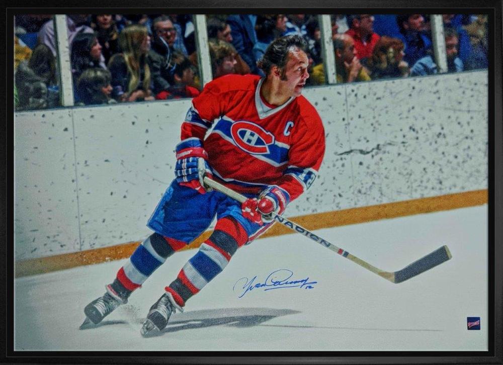 Yvon Cournoyer Signed 20x29 Canvas Framed Canadiens Red Action