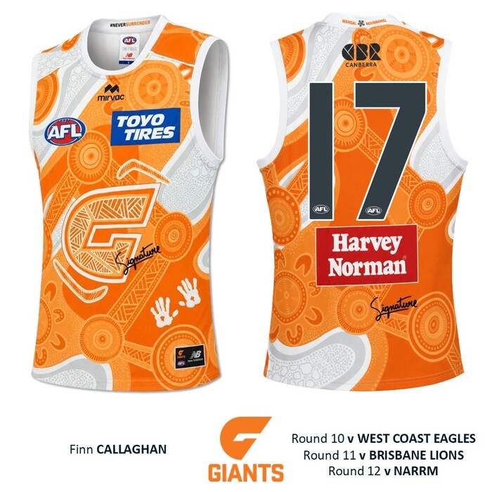 Photo of Finn Callaghan #17 GWS GIANTS "Mirrung" Indigenous Jumper
