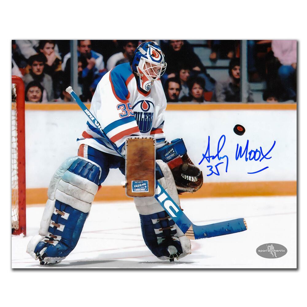 Andy Moog Edmonton Oilers White Jersey Autographed 8x10