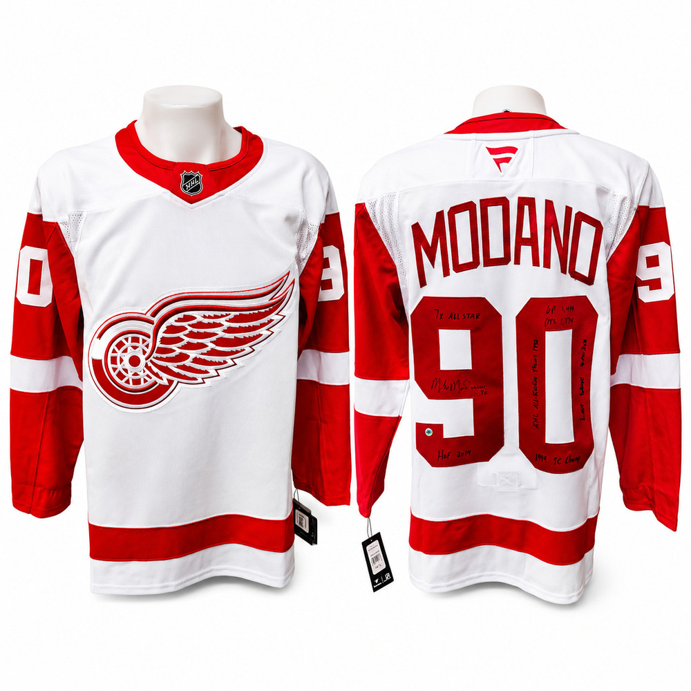 Mike Modano Autographed Detroit Red Wings Away Fanatics Premium Jersey Career Jersey