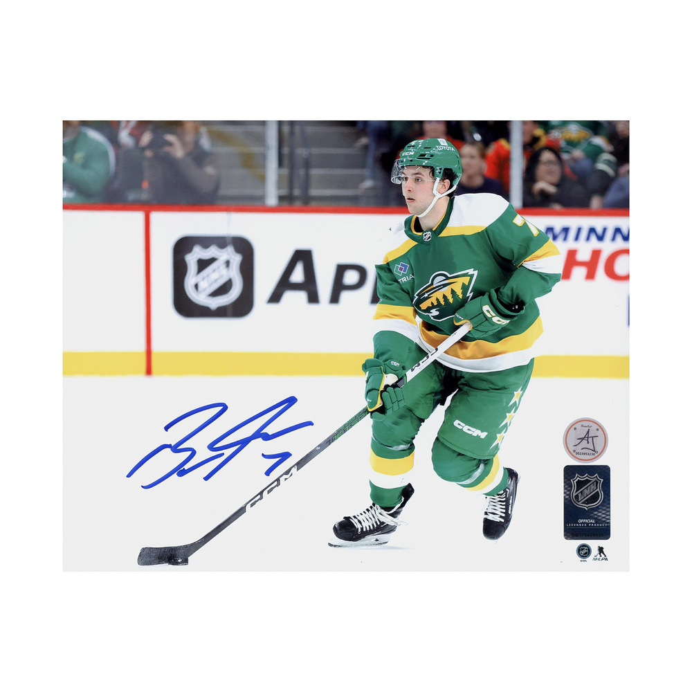 Brock Faber Signed Minnesota Wild Puck Rush 8x10 Photo
