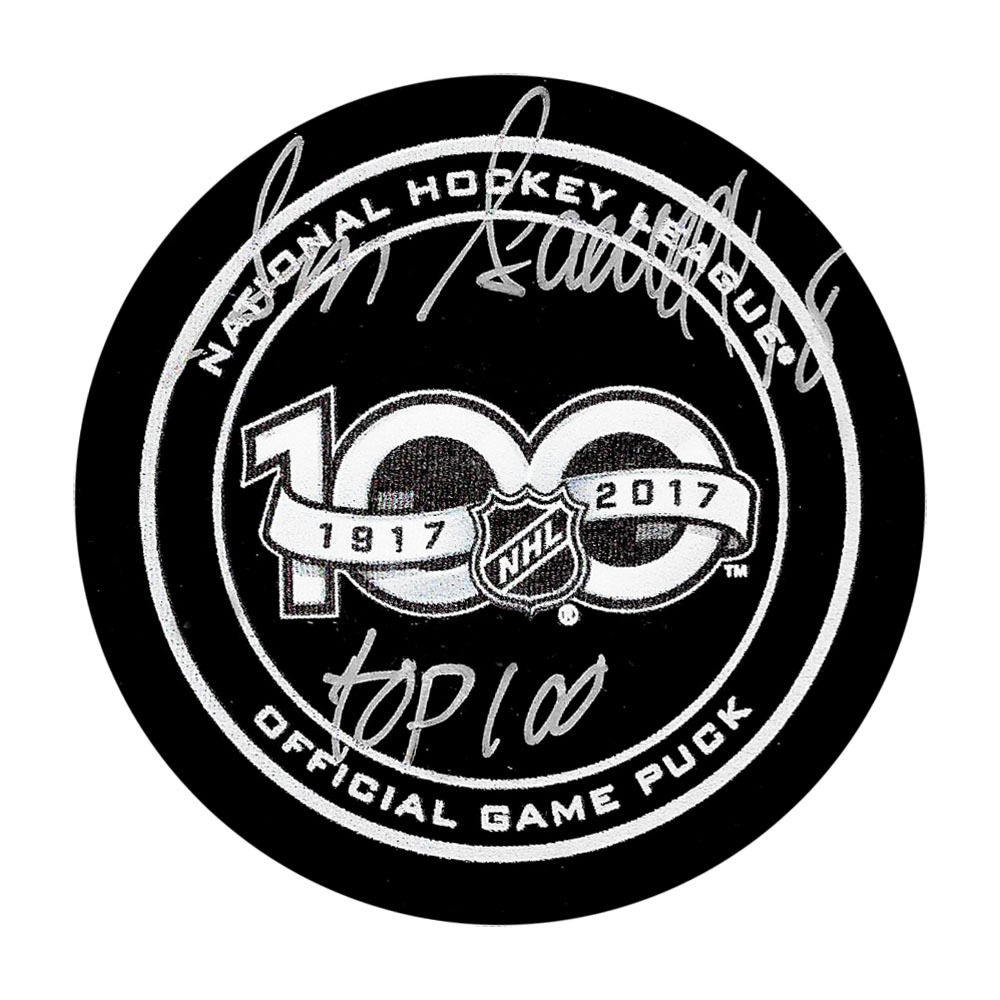 Serge Savard Autographed NHL 100th Anniversary Official Game Puck w/TOP 100 Inscription