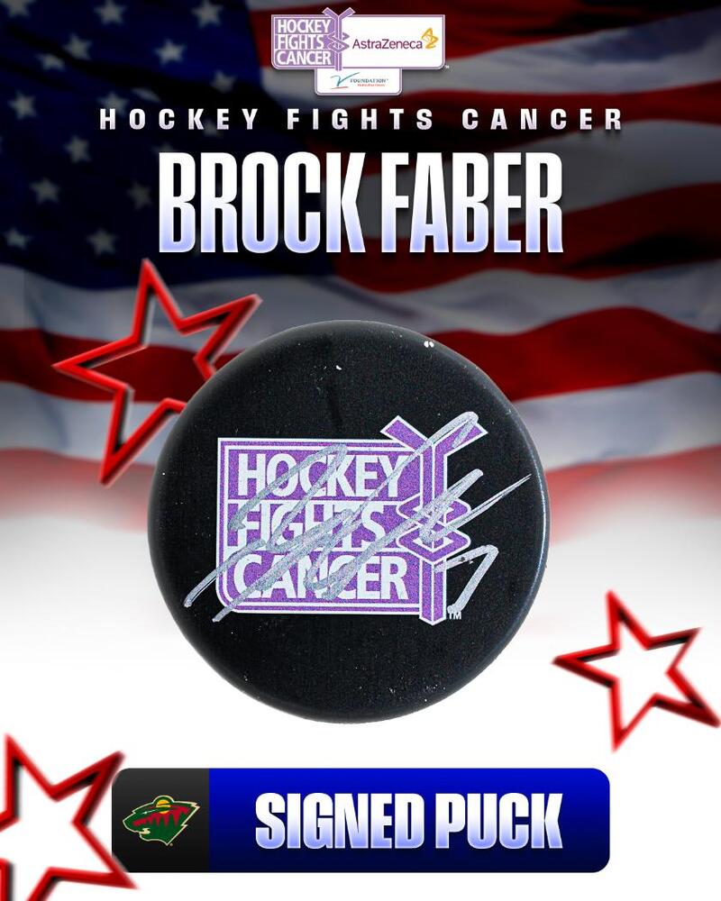 Brock Faber Autographed Hockey Fights Cancer Puck - Minnesota Wild