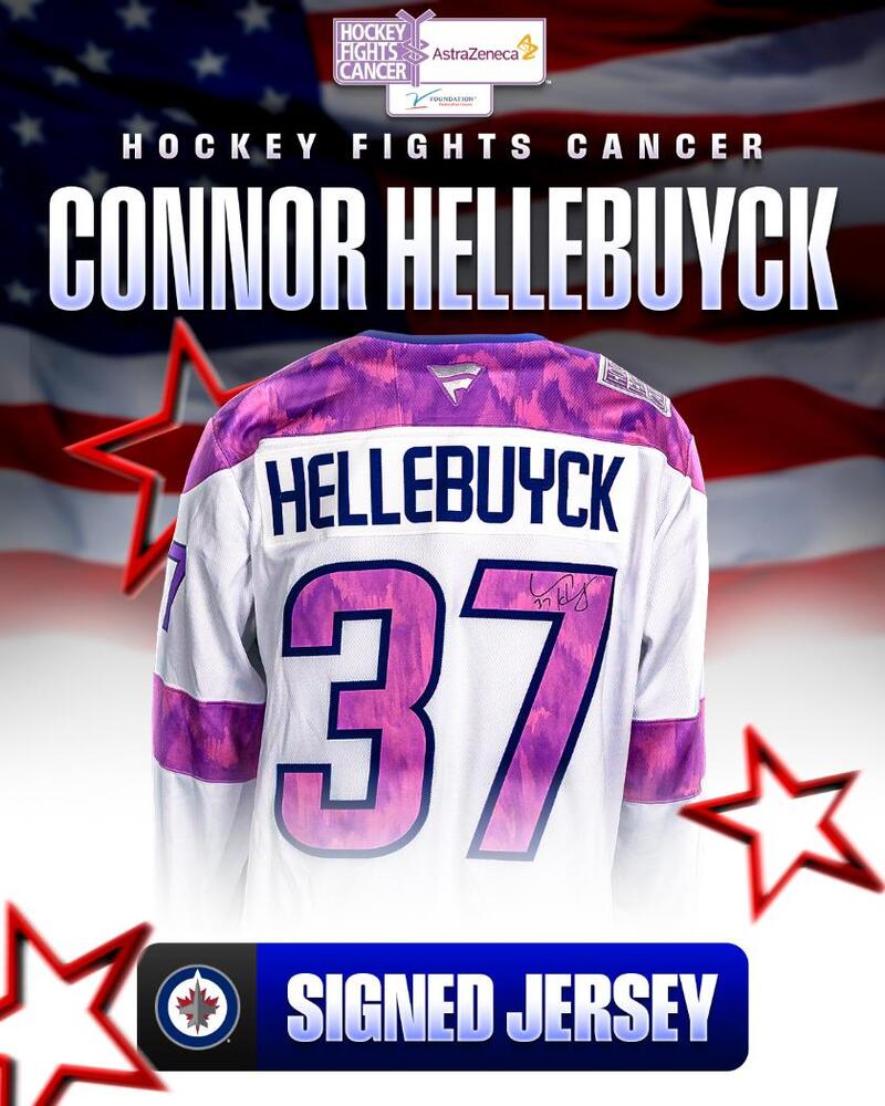 Connor Hellebuyck Autographed Hockey Fights Cancer Jersey - Winnipeg Jets