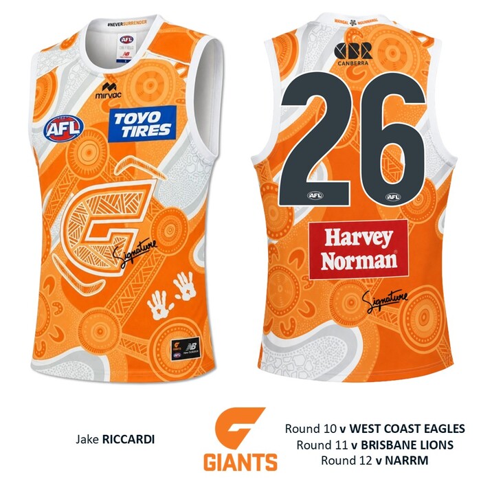 Photo of Jake Riccardi #26 GWS GIANTS "Mirrung" Indigenous Jumper