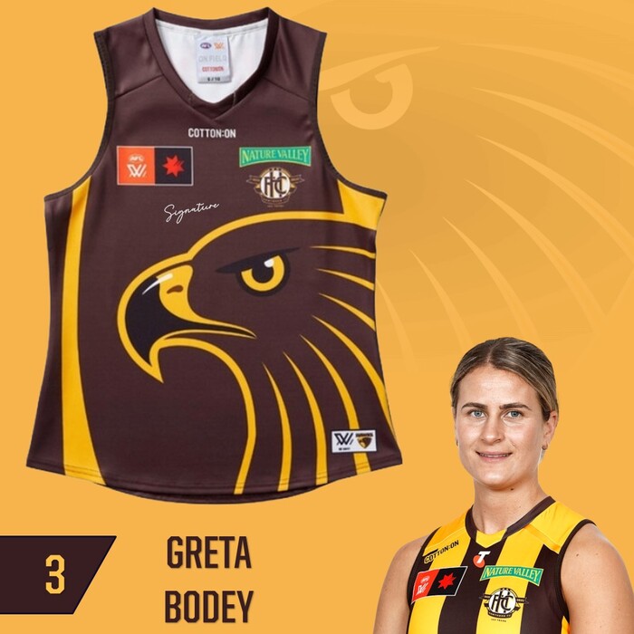Photo of Greta Bodey #3 Hawthorn 2025 Clash (Brown) Training Guernsey