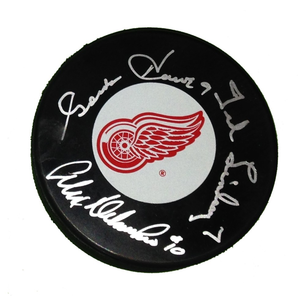 Gordie Howe, Ted Lindsay, Alex Delvecchio Autographed Detroit Red Wings Puck