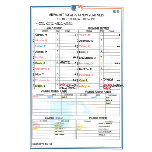 Game Used Dugout Lineup Card Mets vs. Brewers 6/16/22 Megill 3.1