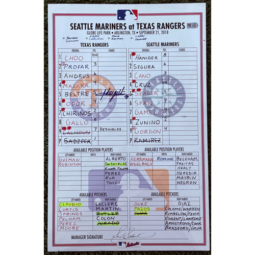 Texas Rangers 2018 Autographed Game-Used Home Dugout Lineup Card Signed ...