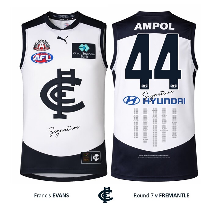 Photo of Francis Evans #44 Carlton 2026 ANZAC Day Match Guernsey